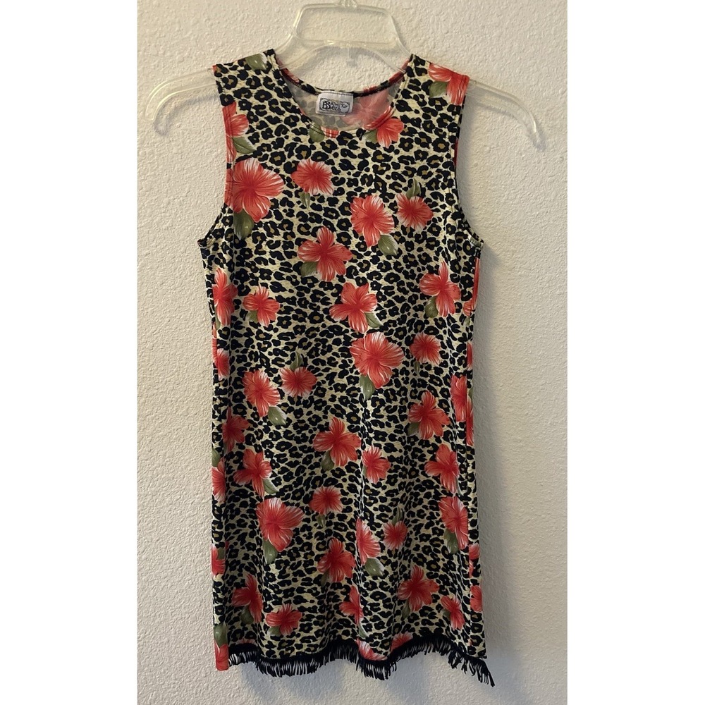Vintage 90s Dress Size XS Floral Leopard Print Fringe Bathing Babes Mod Gogo